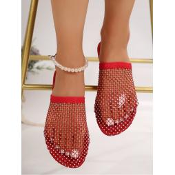 Embellished Grid Hollow-out Slippers