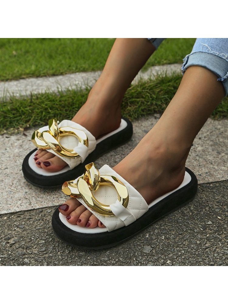 Stylish Metal Decor Flat Heel Slippers Women