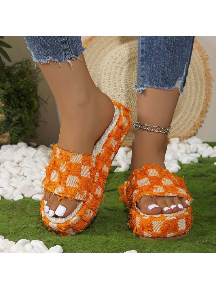 Plaid Fringe Platform Heels Slippers