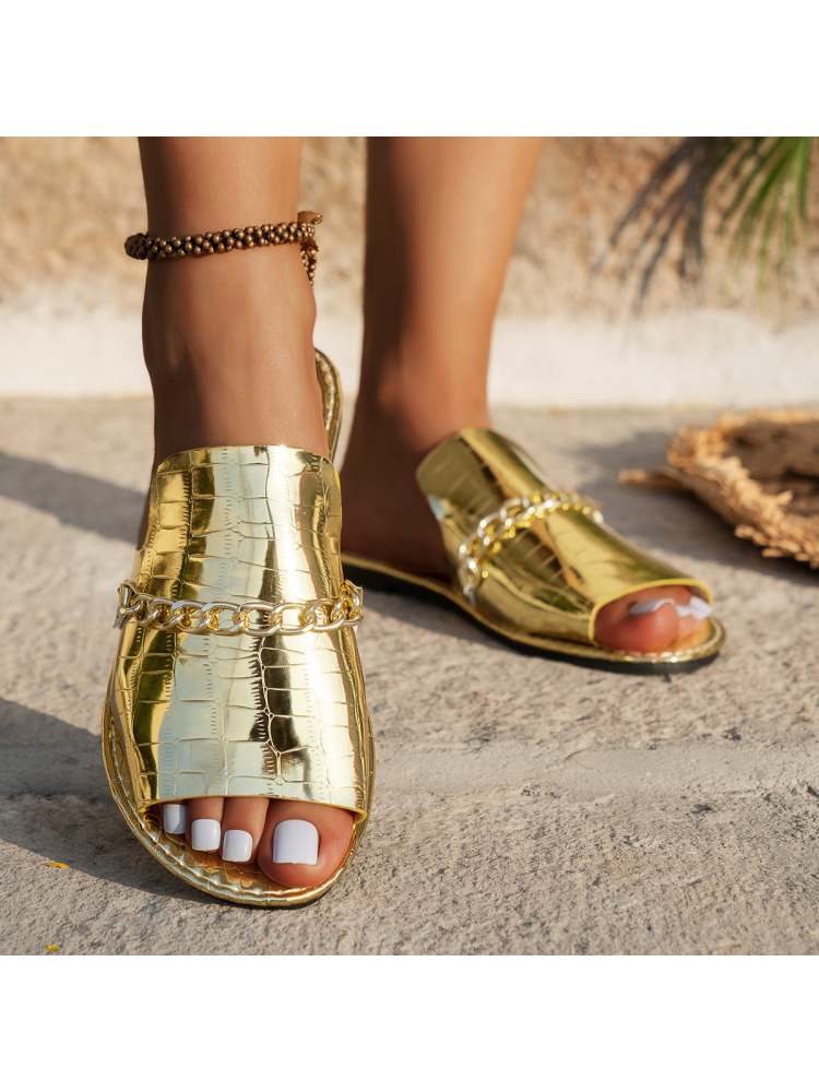 Crocodile Print Metal Chain Flat Heel Slippers