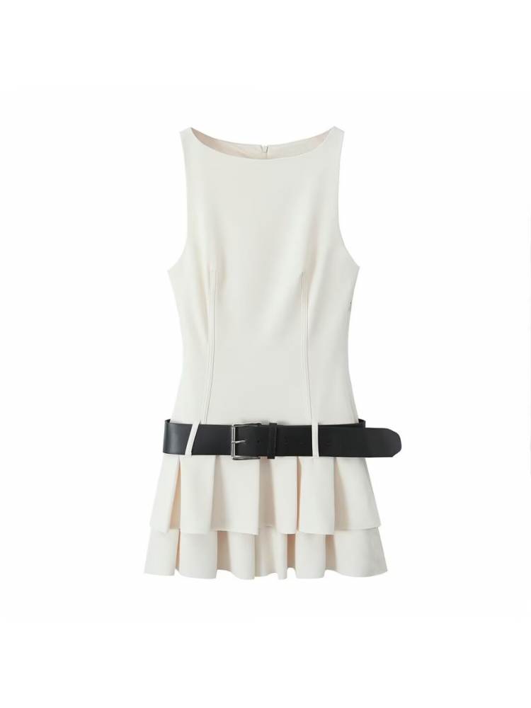 Solid Color With Belt Layered Sleeveless Mini Dress