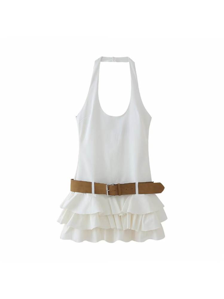 Solid Color Halter With Belt Tiered Mini Dress